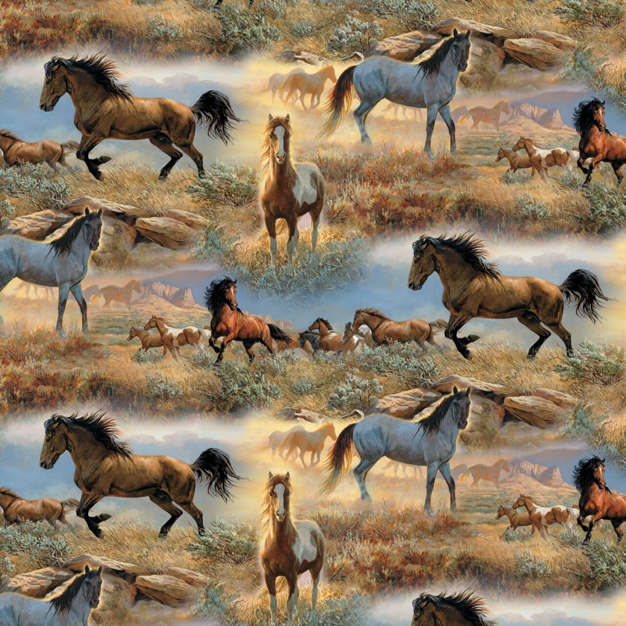 Horses on the Prairie Cotton Fabric | By The Yard | Sewing and Crafting | 44 inches wide
